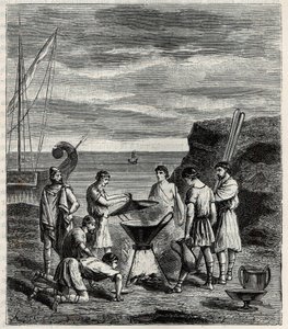 Die ersten Seefahrer im griechischen Archipel gewannen Frischwasser durch Verdampfen von Meerwasser - Gravur in „Sciences available to all - Popular physics and chemistry“ von Alexis Clerc - Ende 19. Jahrhundert - Private Sammlung von French School