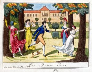 Das Spiel der vier Ecken. Gravur Anfang des 19. Jahrhunderts von French School