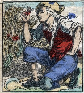 Der Riese von Brobdingnag ergreift Lemuel Gulliver. Illustration für "Gullivers Reisen" von Jonathan Swift (1667-1745). Epinal-Bildgebung Ende des 19. Jahrhunderts. von French School
