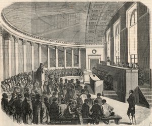 Das große Amphitheater während eines Wettbewerbs an der juristischen Fakultät in Paris - Gravur in „Tableau-de-Paris“ von Edmond Texier 1852