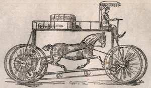 Das Hippocycle: Erfindung zur „Pferdeerhaltung“ als Transportmittel nach der Ankunft von Autos und Fahrrädern. Gravur in „Le Pelerin“ vom 9. August von French School