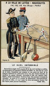 Das unmögliche Duell: Kinderkarte, die ein Spiel erklärt, das man selbst bauen kann. Chromolithographie des 19. Jahrhunderts von French School