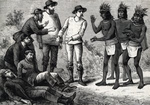 Die Bewohner von Peru helfen den kolonialen Europäern, die an Malaria leiden, mit Chinarinde (Gravur) 1888 von French School