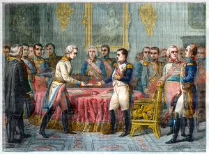 Das Treffen von Erfurt, 27. September - 14. Oktober 1808 - Napoleon I. empfängt Baron Vincent, österreichischer Diplomat und Gesandter des Kaisers von Österreich, rechts Alexander I. von Russland (1777-1825) - Versammlung der Fürsten in Erfurt am 27. Septe