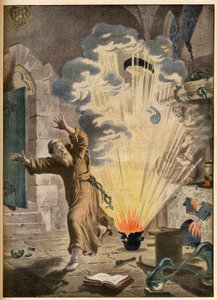 Die Erfindung des Schießpulvers durch den deutschen Mönch und Alchemisten Berthold Schwartz (ca. 1318-1384) - Berühmte Erfindungen. Das Pulver. Illustration für Le petit Journal, 27. Januar 1901.