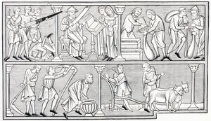 Die Arbeiten des Krieges, der Wissenschaft, des Handels und der Landwirtschaft, nach einer Miniatur in einem Psalter aus dem 13. Jahrhundert, aus Les Arts au Moyen Age, veröffentlicht 1873 von French School