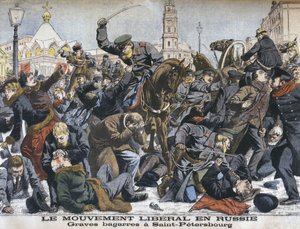 Die liberale Bewegung in Russland, heftige Auseinandersetzungen in St. Petersburg, Illustration aus Le Petit Journal: Supplement illustre, 25. Dezember 1904 von French School
