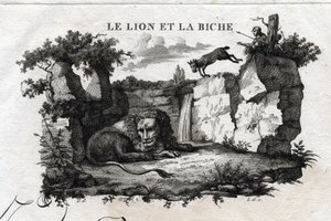 Der Löwe und das Reh. Fabel von Äsop. Geschrieben von Guillaume Montfort und graviert von Beauble im Jahr 1801.