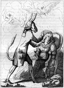 Der magische Finger, ein College ähnlich einer antiken Karikatur über Frans Anton Mesmer (1734-1815), einen deutschen Arzt, Begründer der Theorie des tierischen Magnetismus oder Mesmerismus. Gravur in „La Nature. Revue des sciences et de ses applications a von French School