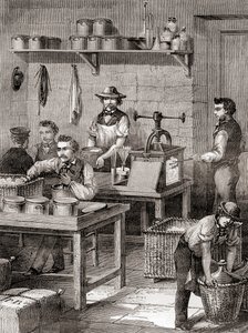 Die Herstellung von Schießbaumwolle im 19. Jahrhundert, aus Les Merveilles de la Science, veröffentlicht um 1870 (Stich)