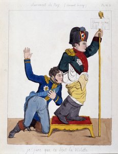 Der Marschall Michel Ney (1769-1815) schnüffelt am Hintern von Napoleon I.: „Ich schwöre, es riecht nach Veilchen“, ca. 1810