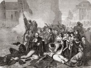 Das Massaker an Zivilisten auf dem Schlossplatz in Warschau am 8. April 1861 durch russische Infanterie und Kavallerie, aus "L
