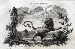 Die Mücken. Fabel von Äsop. Geschrieben von Guillaume Montfort und graviert von Beauble im Jahr 1801 von French School