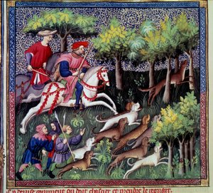 Die Miniatur-Fuchsjagd aus „Das Buch der Jagd“ von Gaston III. Phoebus, Graf von Foix, Herr von Béarn (1331-1391) von French School