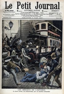 Die Missgeschicke des Busses: ein Fiaker wird von einem Bus in der Pariser Straße von Amsterdam überfahren - „Le Petit Journal“, Juni 1907 (Gravur)