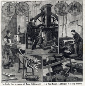 Die neuen französischen Münzen in Vorbereitung haben die Münzen und die Herstellungsstufen (Münzprägung, Stempeln und Waschen der Münzen). In „Le Petit Parisien“