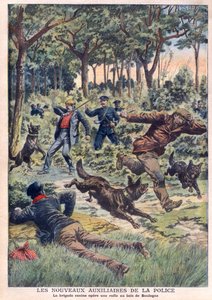 Die neuen Polizeihelfer: Die Hundestaffel führt eine Razzia im Bois de Boulogne durch, Illustration aus „Le Petit Journal“ vom 28. Juli