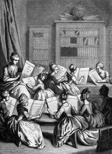 Die neun Wortarten. (Die traditionelle Grammatik klassifiziert Wörter in neun Kategorien, auch „die Wortarten“ genannt) Schüler während einer Grammatikvorlesung. 18. Jahrhundert? Gravur von 1868. von French School