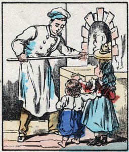 Der Konditor. Gravur in „La chanson des metier“. Epinal, Ende des 19. Jahrhunderts. Private Sammlung von French School