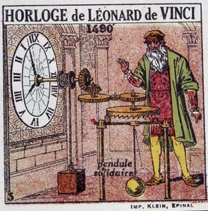 Das Pendeluhrwerk von Leonardo da Vinci (Leonardo da Vinci) (1452 - 1519) (Pendel 1490) - in „Energie“ von Henri Arnould, ed. Quillet, Paris, 20. Jahrhundert