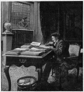 Der Dramatiker Victorien Sardou (1831-1908) in seinem Büro. Gravur in „La gazette du dimanche“ vom 2. Januar von French School