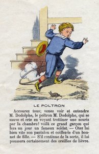 Der Feigling. Ein Kind, das mit dem Reifen spielt, erschreckt von einer Maus. Alphabet der kleinen Jungen. Abecedarium mit moralischem Wert, das Leseübungen enthält. Bild von Epinal, Ende des 19. Jahrhunderts von French School