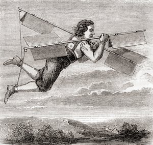 Der angebliche Flug des französischen Schlossers Jacob Besnier mit Hilfe eines selbst entworfenen Flugapparats im Jahr 1678, aus 