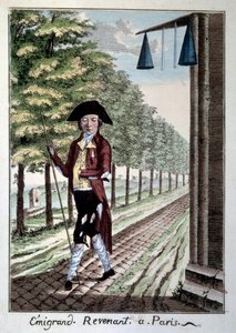 Die Rückkehr eines Emigranten am Ende der Französischen Revolution. Ein Adliger mit zerrissenen Kleidern, der während der Revolution aus der Stadt floh. Gravur des 19. Jahrhunderts. Paris, Musée Carnavalet