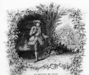 Der Rosenknospe. Ein einsamer und romantischer junger Mann in einem Garten, am Ende dessen eine junge Frau von Amor umgeben ist. Gravur in „Chants et chansons populaire de la France“, Band 2