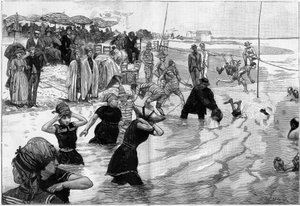 Die Seebäder zur Zeit der Flut an einem Strand in der Normandie, Frankreich, in „Le Monde Illustré“.