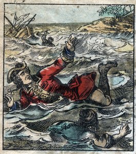 Das Sinken von Lemuel Gulliver. Illustration für „Gullivers Reisen“ von Jonathan Swift (1667-1745). Epinal Imaging Ende des 19. Jahrhunderts.