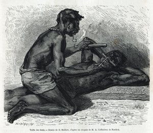 Das Zähnefeilen in Okanda, Zeichnung von D. Maillard, zur Illustration der Geschichte einer Reise nach Gabun und zum Ogoue-Fluss in den Jahren 1875-1877, von Alfred Marche. Gravur in Le tour du monde