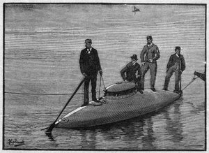 Das U-Boot „Goubet“, das vier Männer trägt. Gravur in „La gazette du dimanche“ vom 28. November 1895.