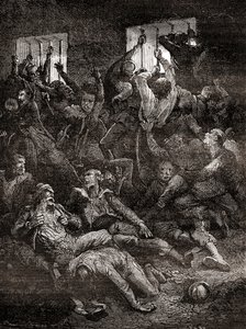 Das Leiden und der Tod aufgrund schlechter Belüftung englischer Gefangener im Schwarzen Loch von Kalkutta, einem kleinen Kerker im alten Fort William in Kalkutta, Indien, wo Truppen des Nawab von Bengalen, Siraj ud-Daulah, britische Kriegsgefangene nach de
