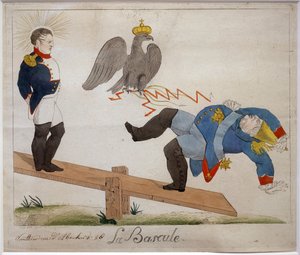 Der Kippschalter. Porträt von Napoleon Bonaparte (1769-1821), stehend auf einem Schaukelbrett, beobachtet seinen fallenden Feind, der von einer Adlerkrone getroffen wird. Karikatur. Radierung, frühes 19. Jahrhundert, Frankreich. Napoleonisches Museum, Anti von French School