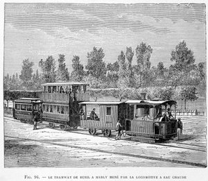 Die Straßenbahn von Rueil nach Marly, geführt von der Heißwasserlokomotive - in „Die neuen Eroberungen der Wissenschaft“ von Louis Figuier von French School
