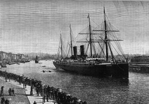 Der transatlantische Liner „La Gascogne“ im Hafen von Le Havre im Jahr 1887. Gravur im illustrierten Journal „La jeunesse“