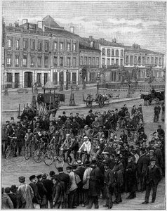 Das Velocipedes-Rennen von Bordeaux nach Paris: die Velocipedisten starten am 23. Mai 1891 um 5 Uhr morgens in Bordeaux. Gravur in „La Nature. Revue des sciences et de ses applications aux arts et a l