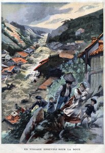 Das Dorf Saint-Ours bei Barcellonnette in den Alpen, verschüttet unter dem Schlamm - in „Le Petit Parisien“ von French School