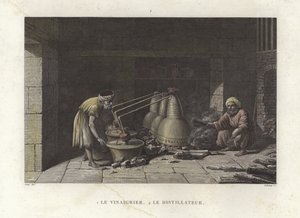Der Essigmacher, der seine Brennblasen bedient