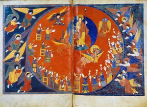 Die Vision des Heiligen Johannes Miniatur aus den Kommentaren zur „Apokalypse nach Johannes“ geschrieben 775 von dem Mönch Beatus von Liebana von French School