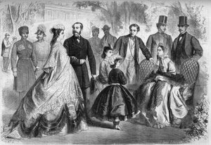 Die Wassersaison in Kissingen, Deutschland, 1864. Anwesend, von links nach rechts: Elisabeth von Wittelsbach (Sissi) (1837-1898) Kaiserin von Österreich, Alexander II. (1818-1881) Kaiser von Russland, Ludwig II. (1845-1886) König von Bayern, Maria Alexandr von French School