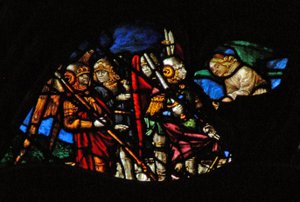 Das westliche Rosenfenster zeigt eine Szene aus dem Buch der Offenbarung: vier Engel des Euphrat werden losgebunden (9:14). von French School