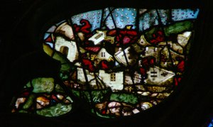 Das Westrosenfenster zeigt eine Szene aus dem Buch der Offenbarung: Großes Erdbeben und Hagelsteine so schwer wie Münzen (16:18-21). von French School