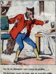 Der Wolf und der Storch. Fabeln von Jean de La Fontaine (1621-95). Epinal-Bild Ende des 19. Jahrhunderts.