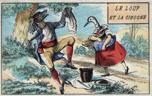 Der Wolf und der Storch. Fabeln von Jean de La Fontaine (1621-95). Epinal-Bild Ende des 19. Jahrhunderts. von French School