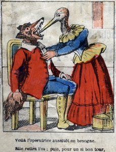 Der Wolf und der Storch. Fabeln von Jean de La Fontaine (1621-95). Epinal-Bild vom Ende des 19. Jahrhunderts