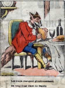 Der Wolf und der Storch. Fabeln von Jean de La Fontaine (1621-95). Epinal-Bild vom Ende des 19. Jahrhunderts
