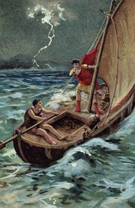 Der junge Julius Caesar (100-44 v. Chr.) überquert die Adria, um sich Dalmatien anzuschließen, und schreitet trotz des Sturms mutig voran, vertrauend auf seinen guten Stern und sein Schicksal