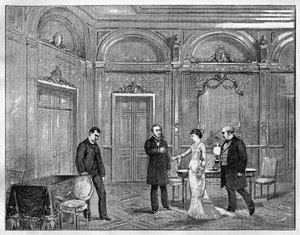 Theateraufführung: „Jean Beaudry“ von Auguste Vacquerie (1819-1895). 4. Akt. Paris, Théâtre Français (Comédie Française). Gravur von 1880 in „La république illustrée“ private Sammlung.